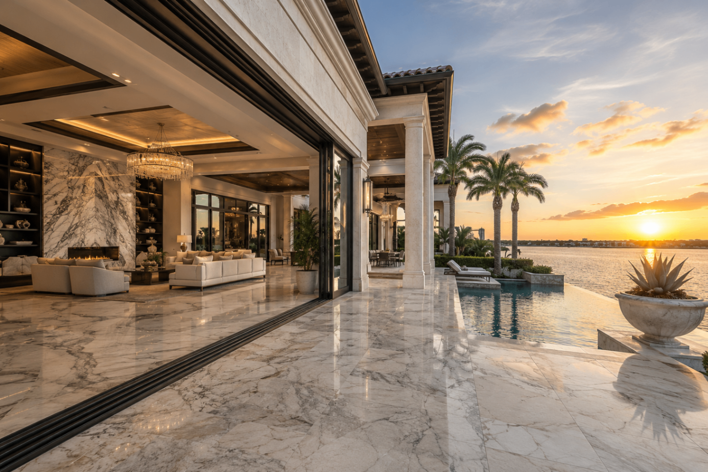 Palm Beach estate interior rendered in luminous natural stone