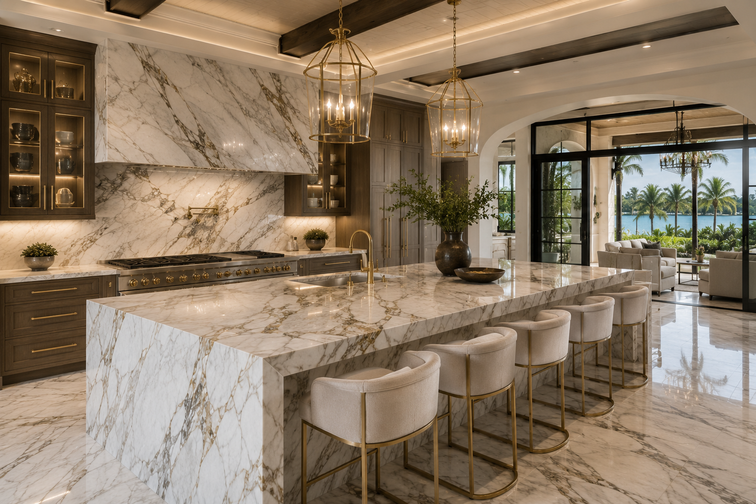 Editorial marble kitchen with sculptural island and bookmatched veining