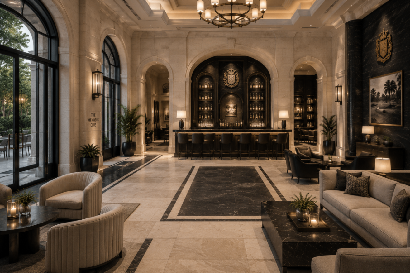 Private club interior with layered stone detailing and moody hospitality lighting
