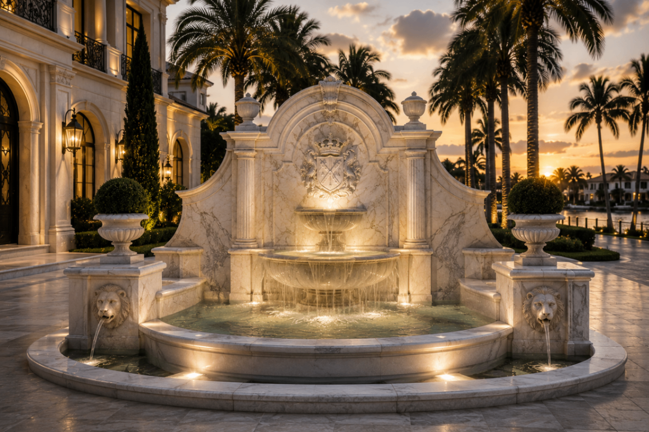 Opulent carved stone fountain anchoring an estate courtyard