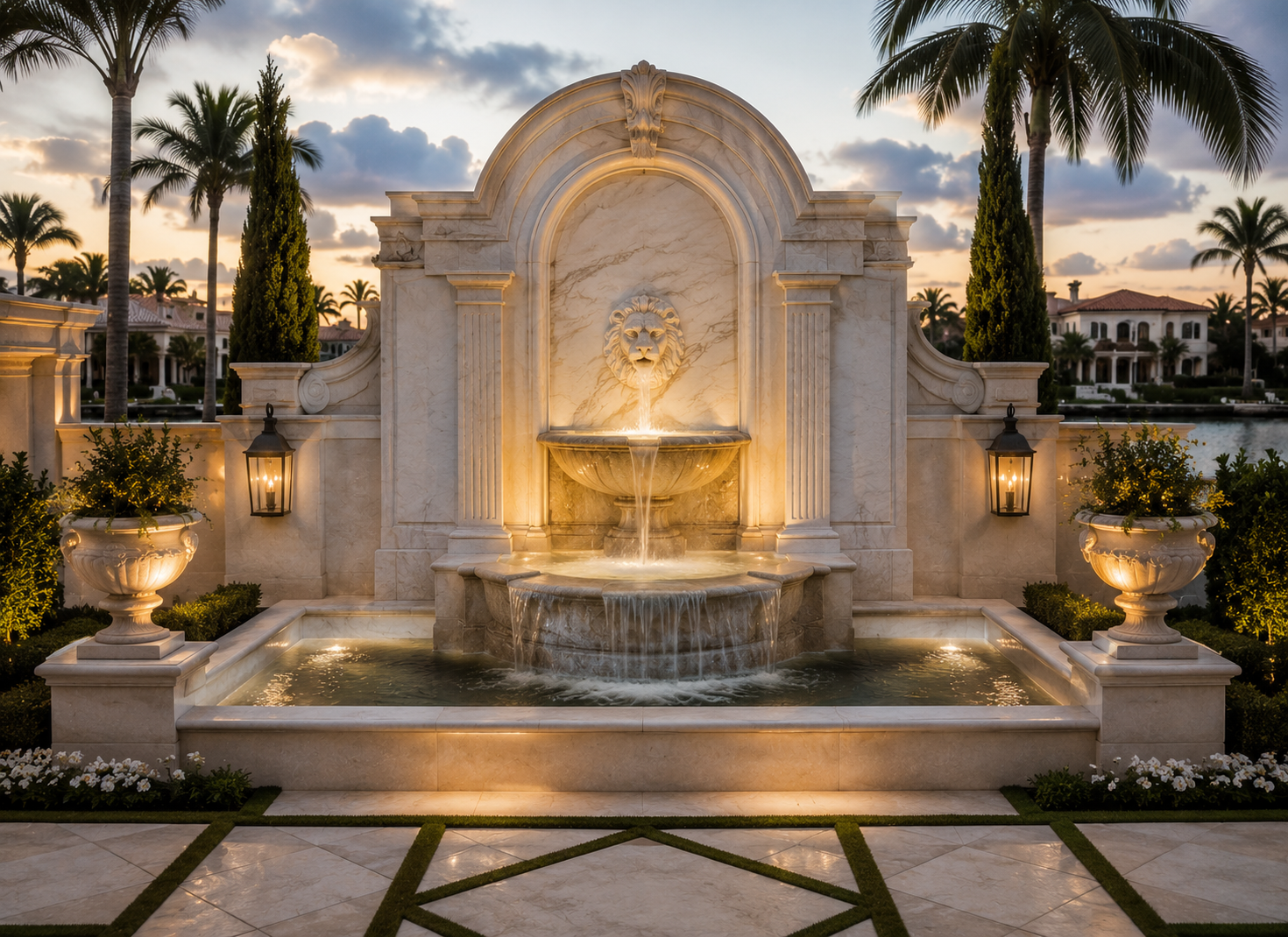 Illuminated carved stone fountain at dusk in a Palm Beach estate setting