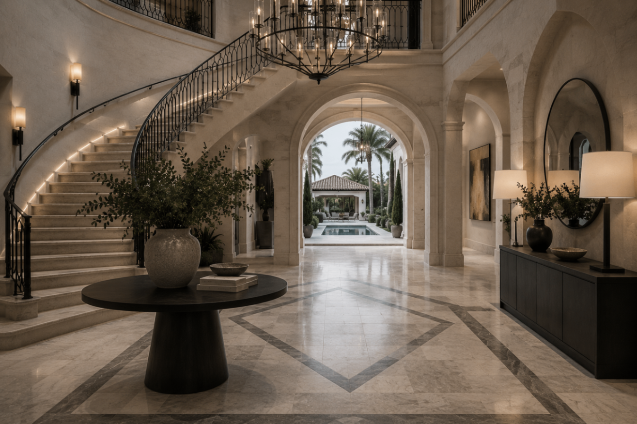 Grand stone foyer with sweeping staircase and polished marble floor