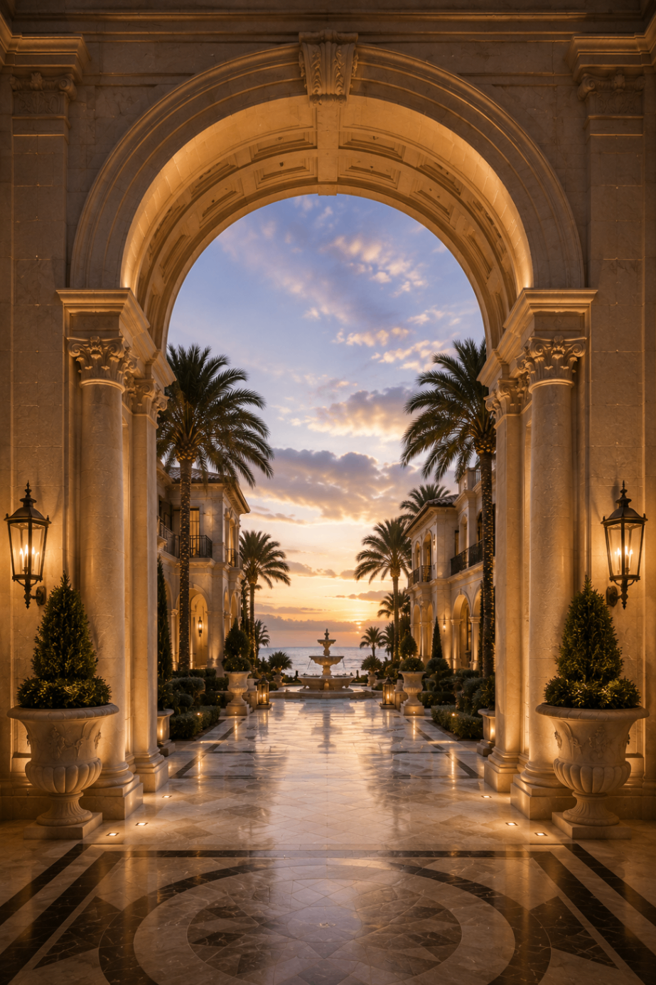 Carved stone archway framing a luminous interior vista