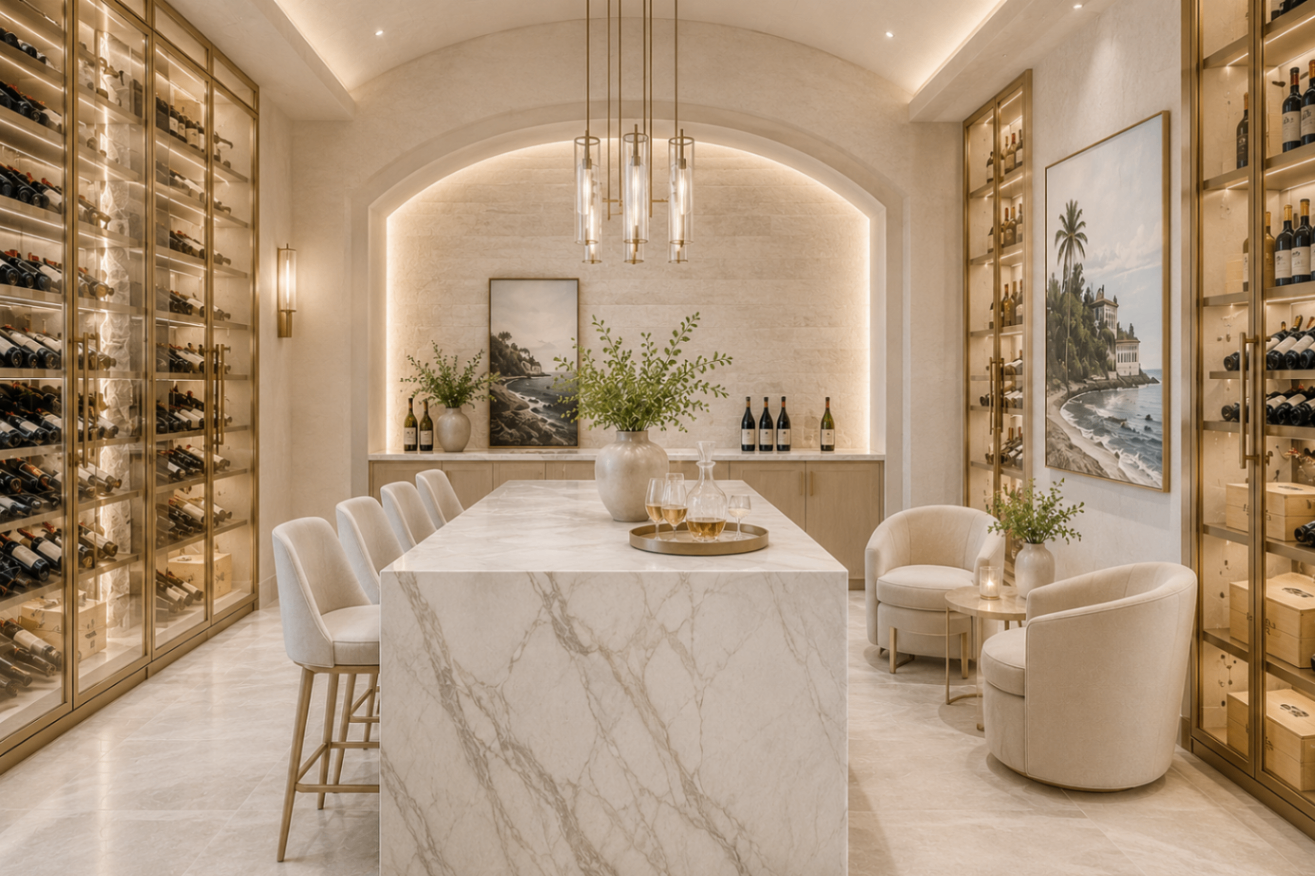 Atmospheric wine lounge wrapped in dark stone and warm lighting