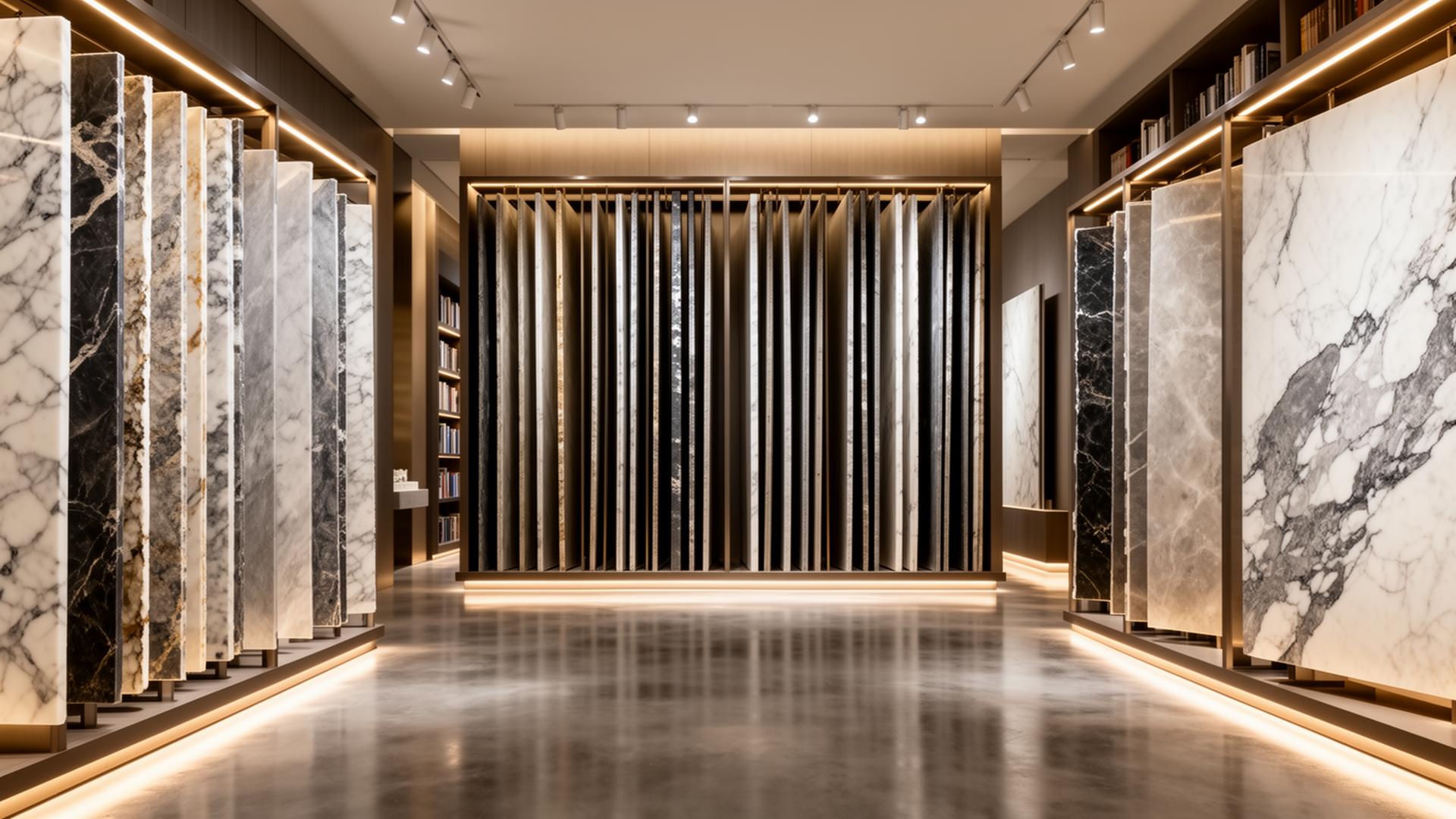 Curated stone showroom with slab library and architectural lighting