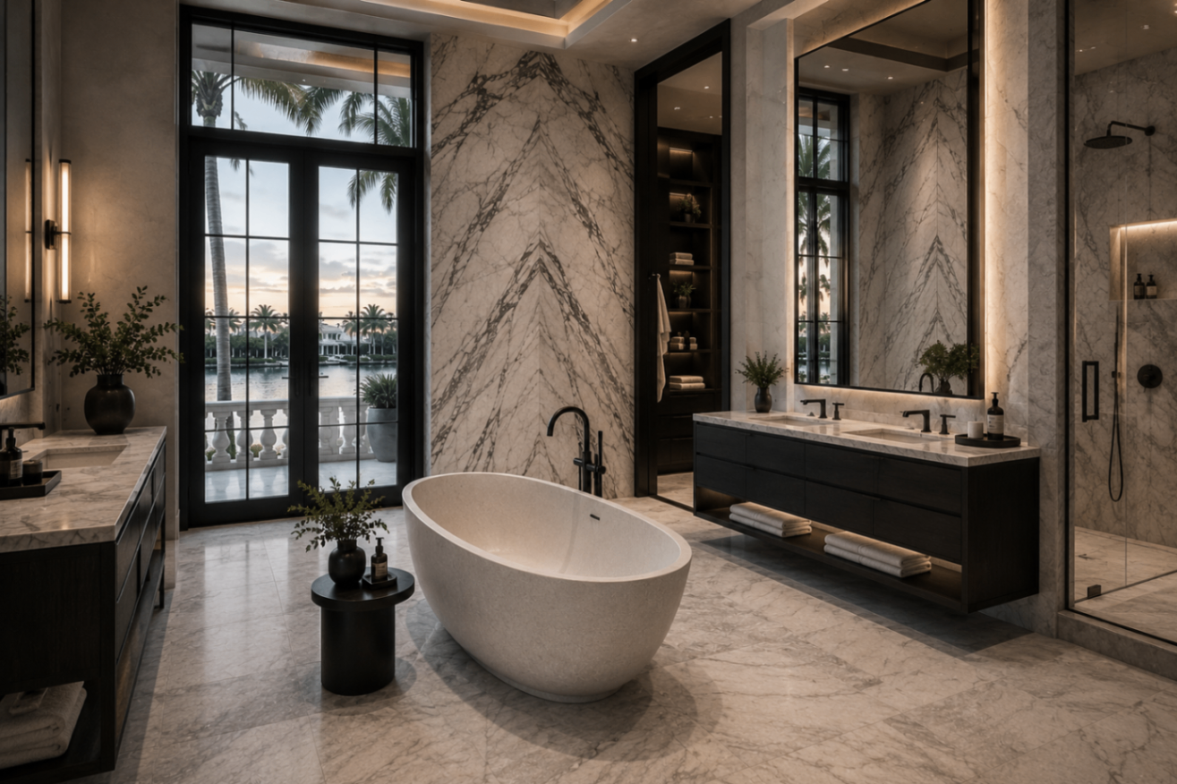 Spa bathroom carved from continuous statuary marble with sculptural tub