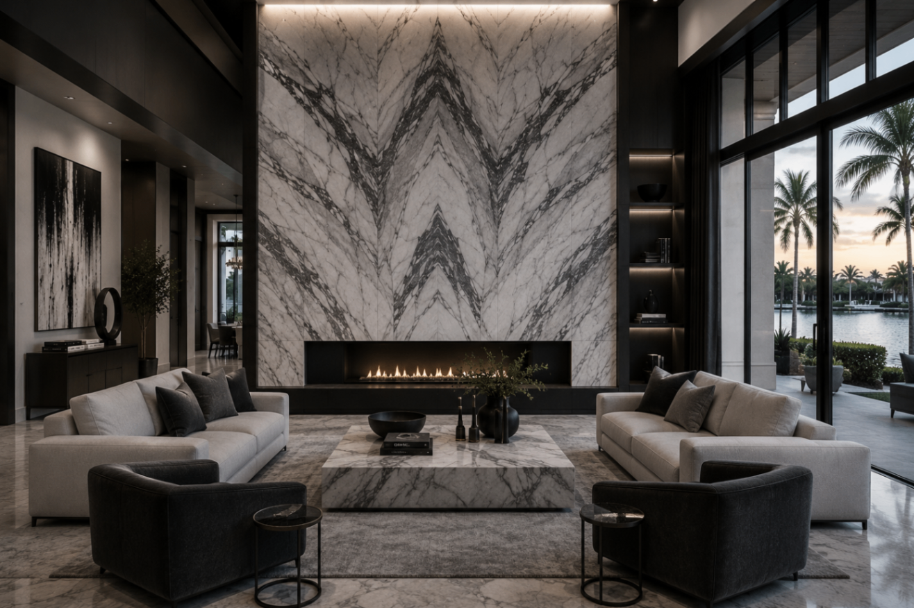 Family room anchored by custom stone detailing in a generational residence