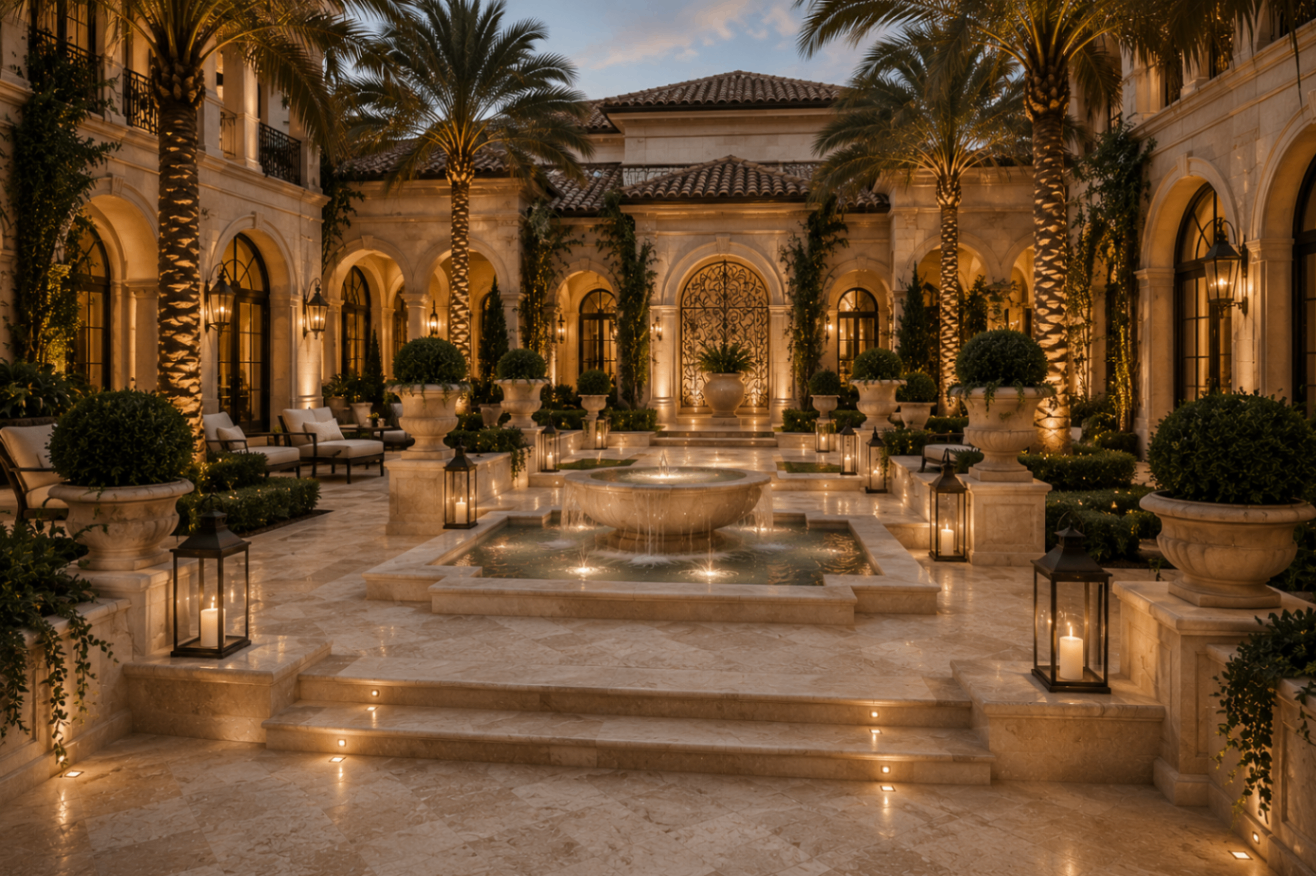 Palm Beach courtyard with limestone architecture and resort-style composition
