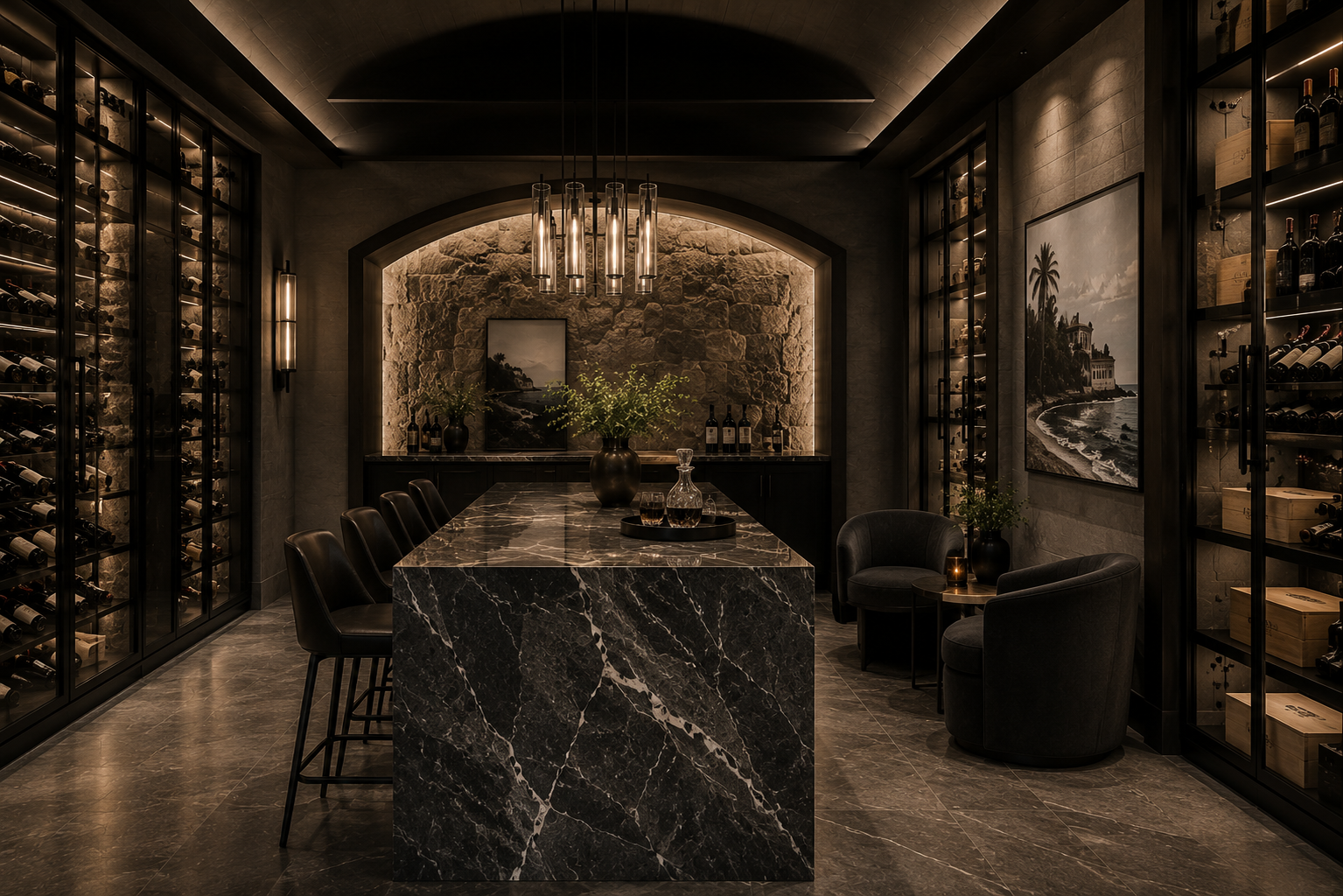 Dark stone wine room with dramatic hospitality atmosphere