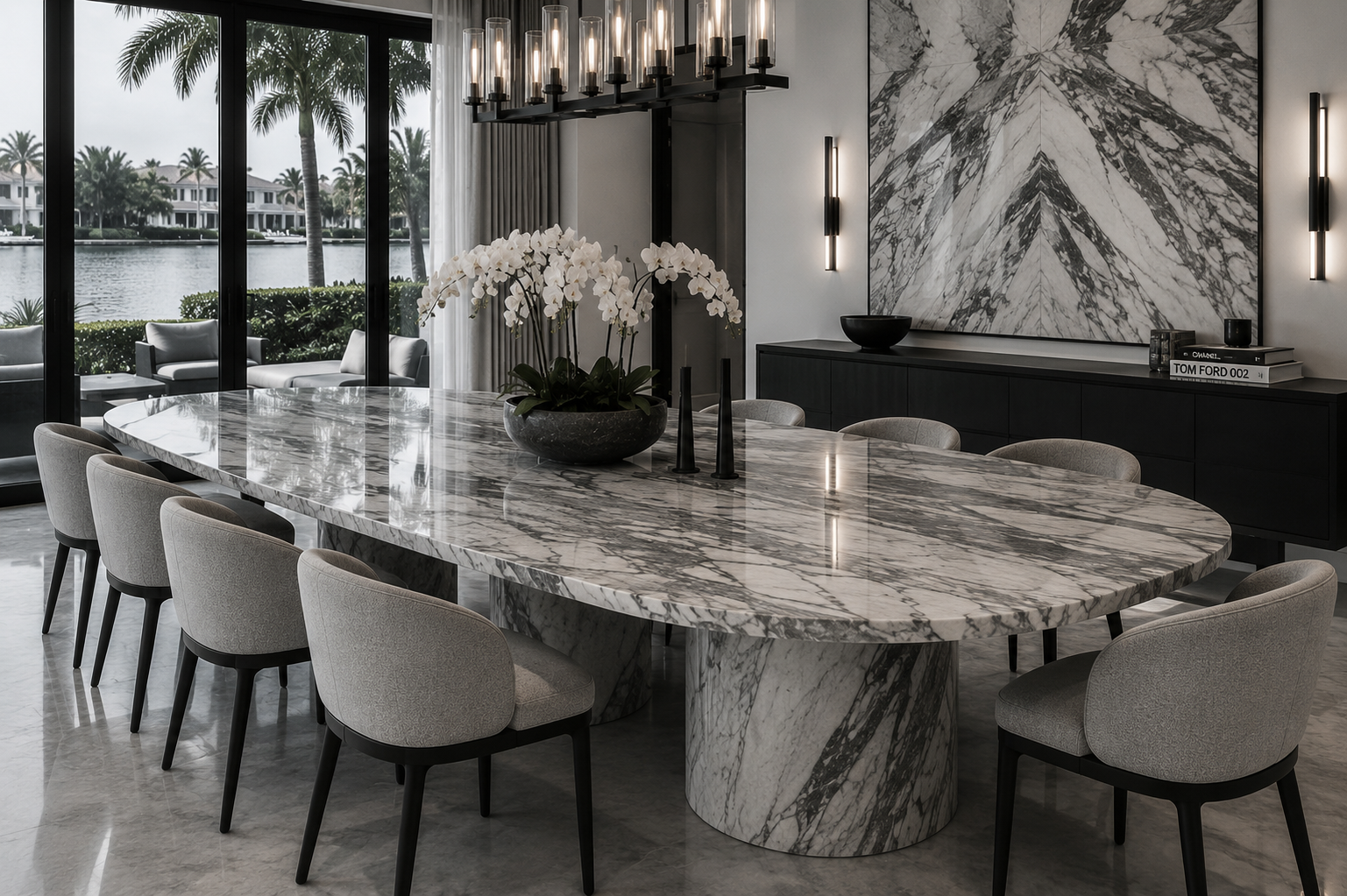 Marble dining tableau with continuous slab and architectural light
