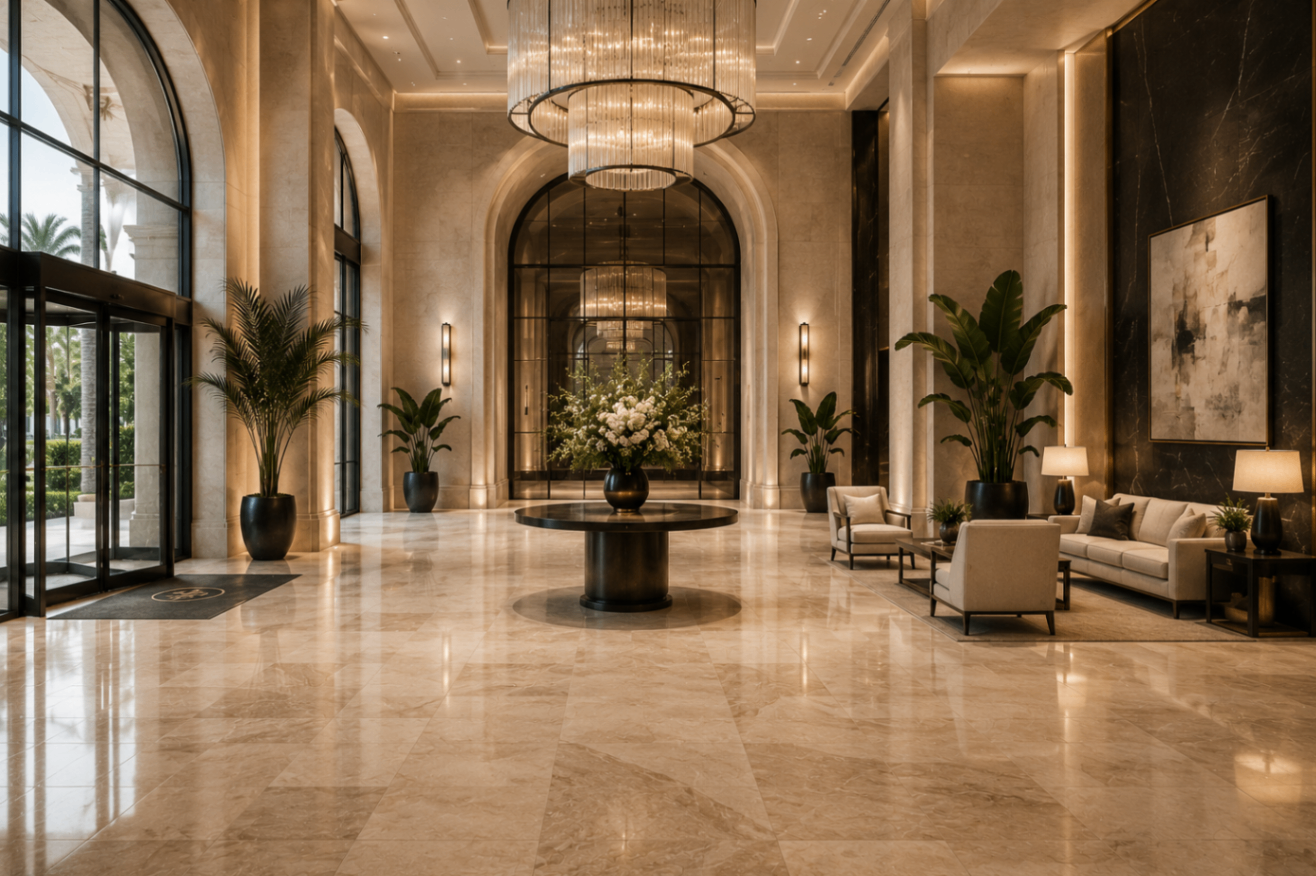 Warm limestone architectural lobby demonstrating scale and elegance