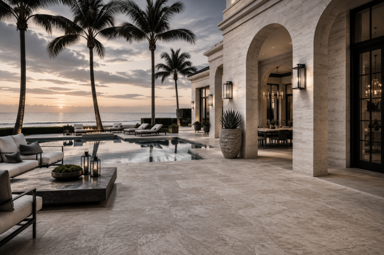 Outdoor oasis with stone pool deck, loggia, and Palm Beach landscaping
