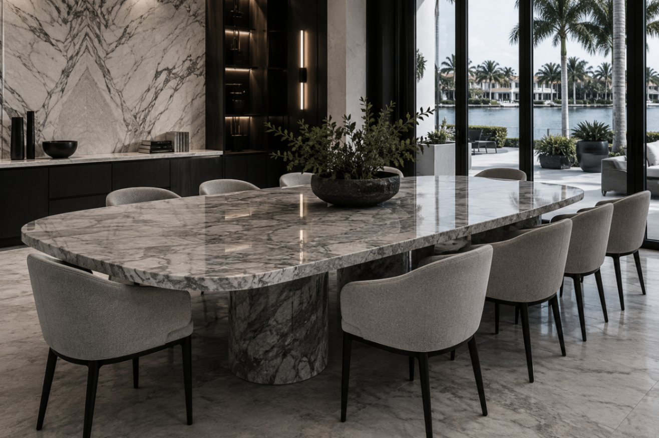 Dining room with sculptural marble table and refined entertaining composition