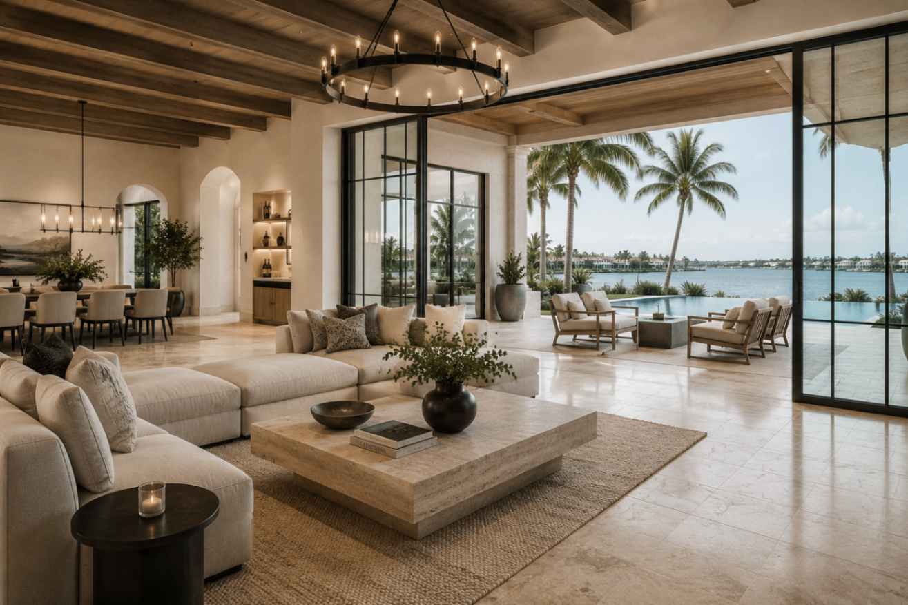 Luxury living room with waterfront views and warm natural stone flooring