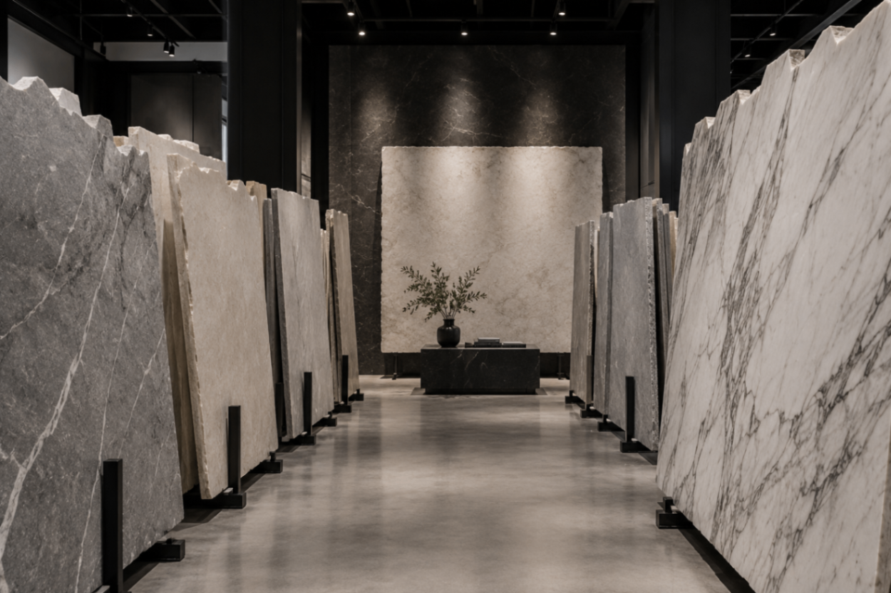 White House Stone showroom with curated marble and limestone slabs